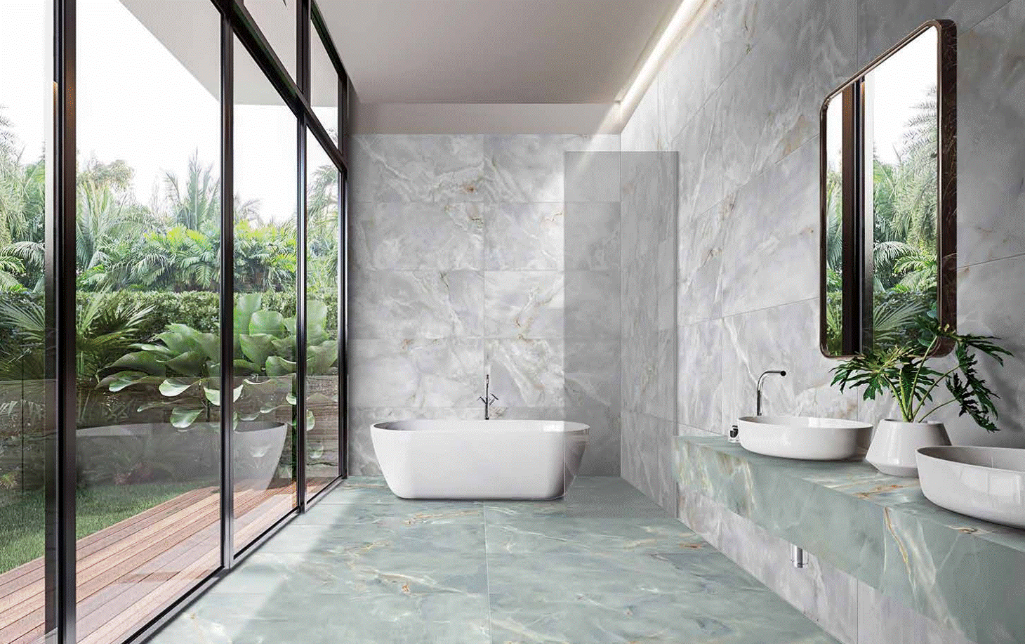 A picture of a bathroom design with crystalline marble natural stone walling