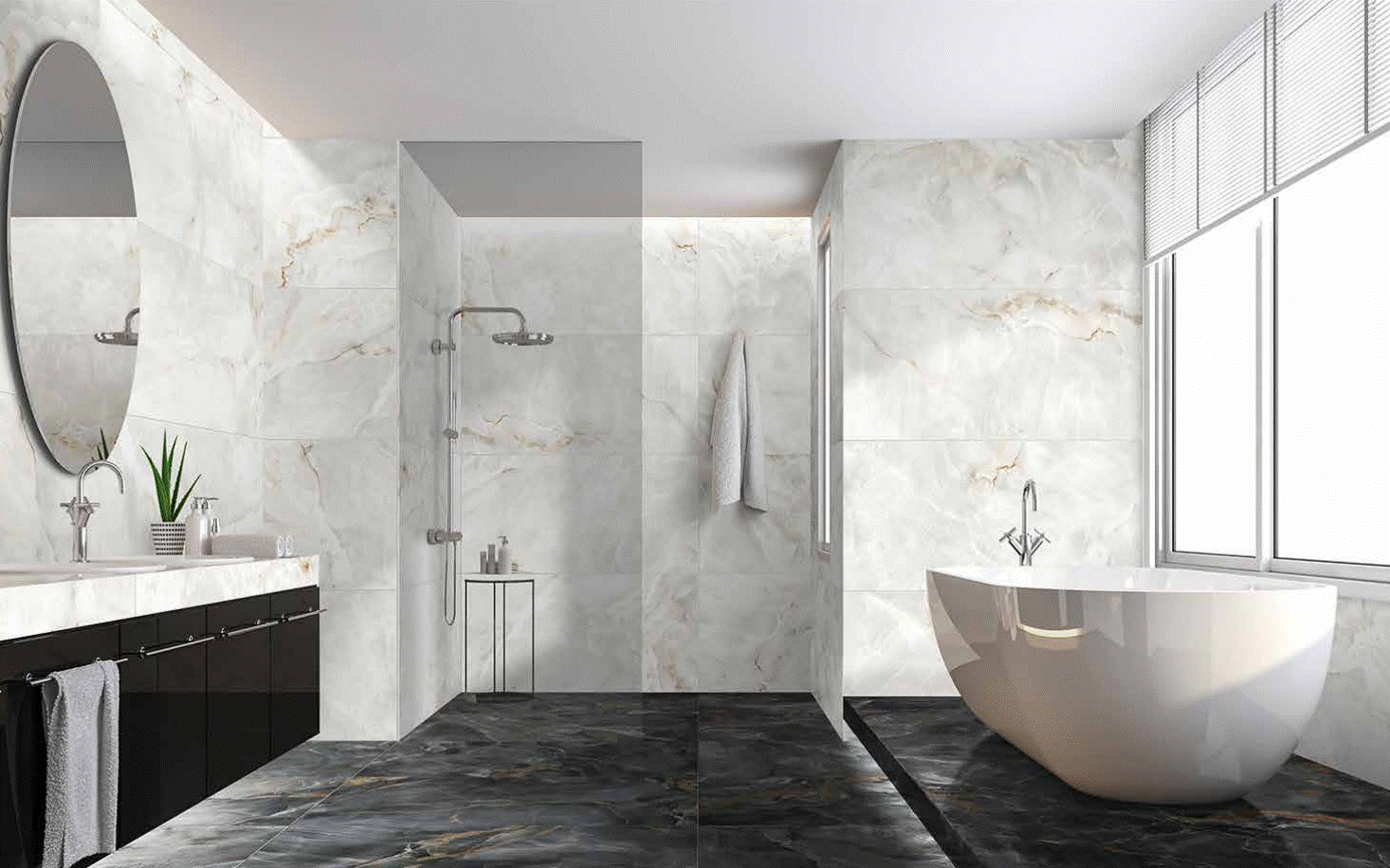 A picture of a bathroom design with crystalline marble natural stone walling