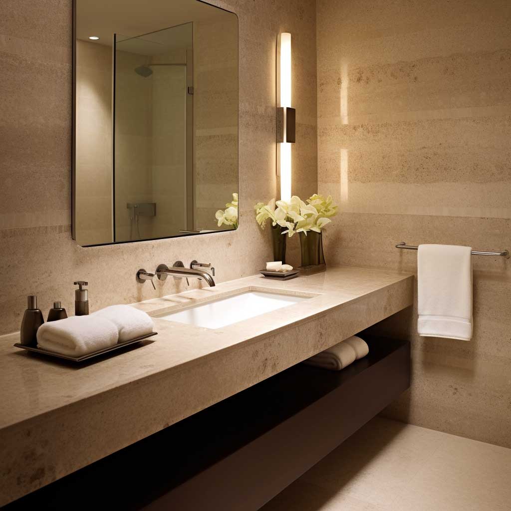A picture of a bathroom with cream travertine