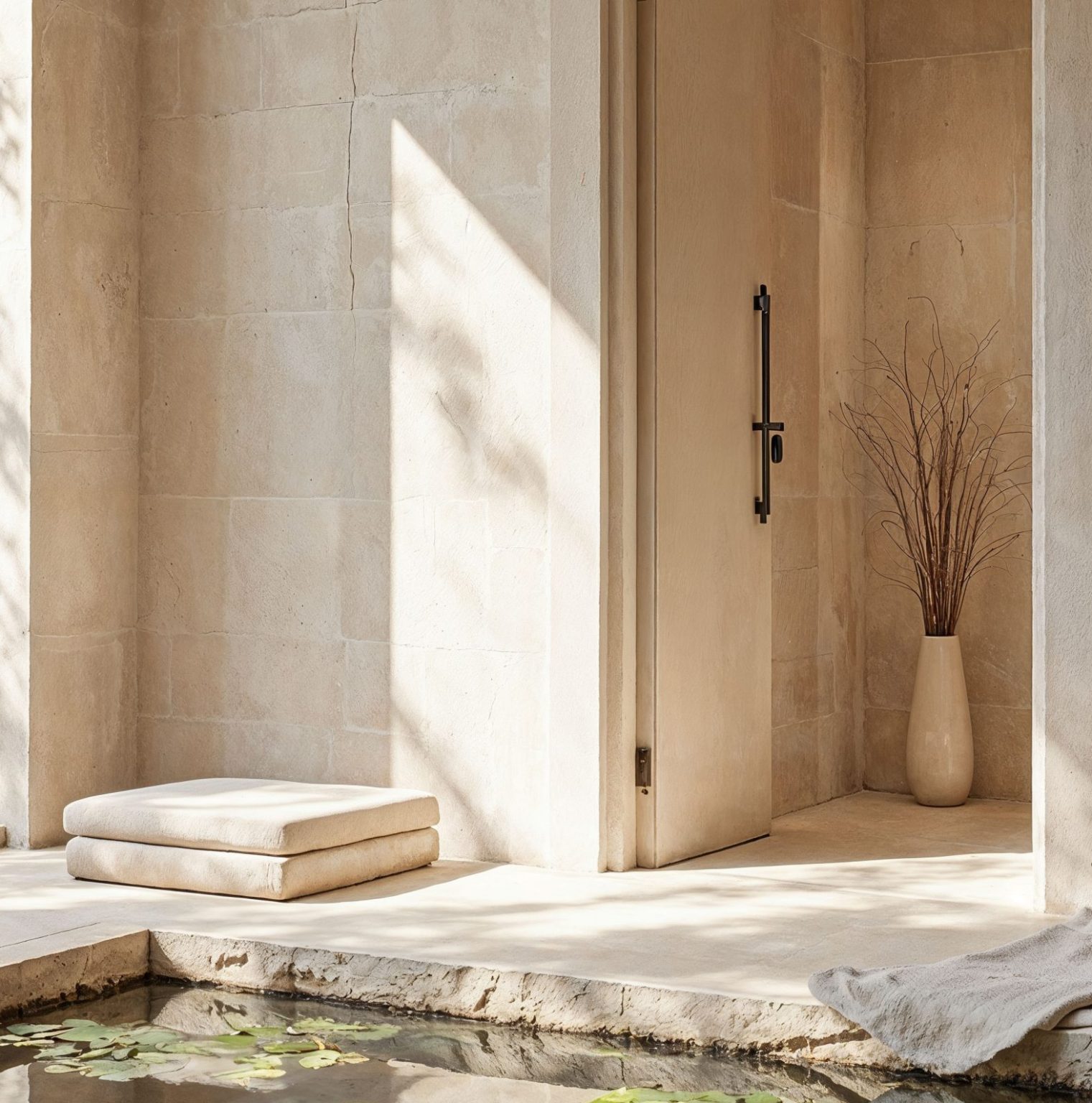 A picture of a place with cream travertine walling
